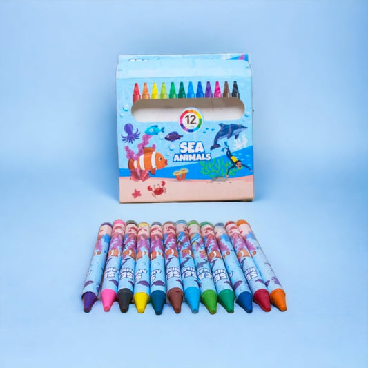 Sea Animals Theme Wax Crayons – 12 Bright Shades for Kids (Non-Toxic, Blue Pack)