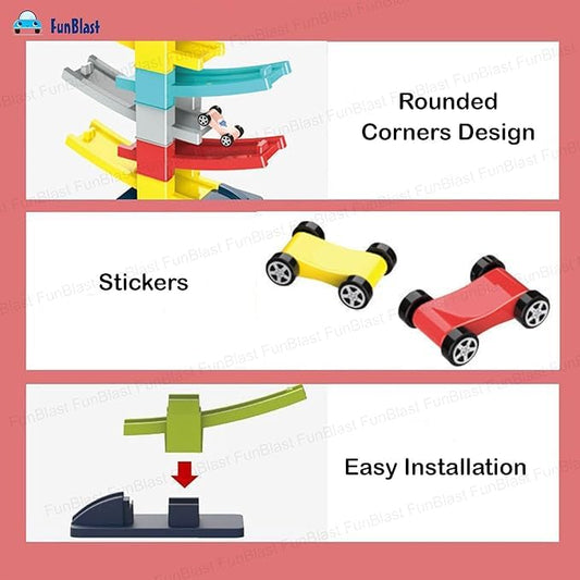 Zig Zag Ramp Racer Colorful Car Racing Track Set with 4 Cars