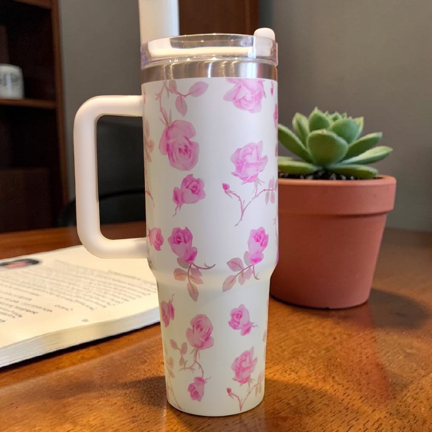 Pink Floral Stainless Steel Tumbler with Handle & Lid – Aesthetic Travel Coffee Mug-1200 ML