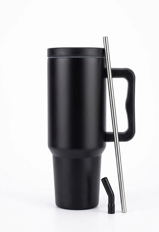 Matte Black Travel Tumbler with Handle, Lid & Stainless Steel Straw - 1.18 L