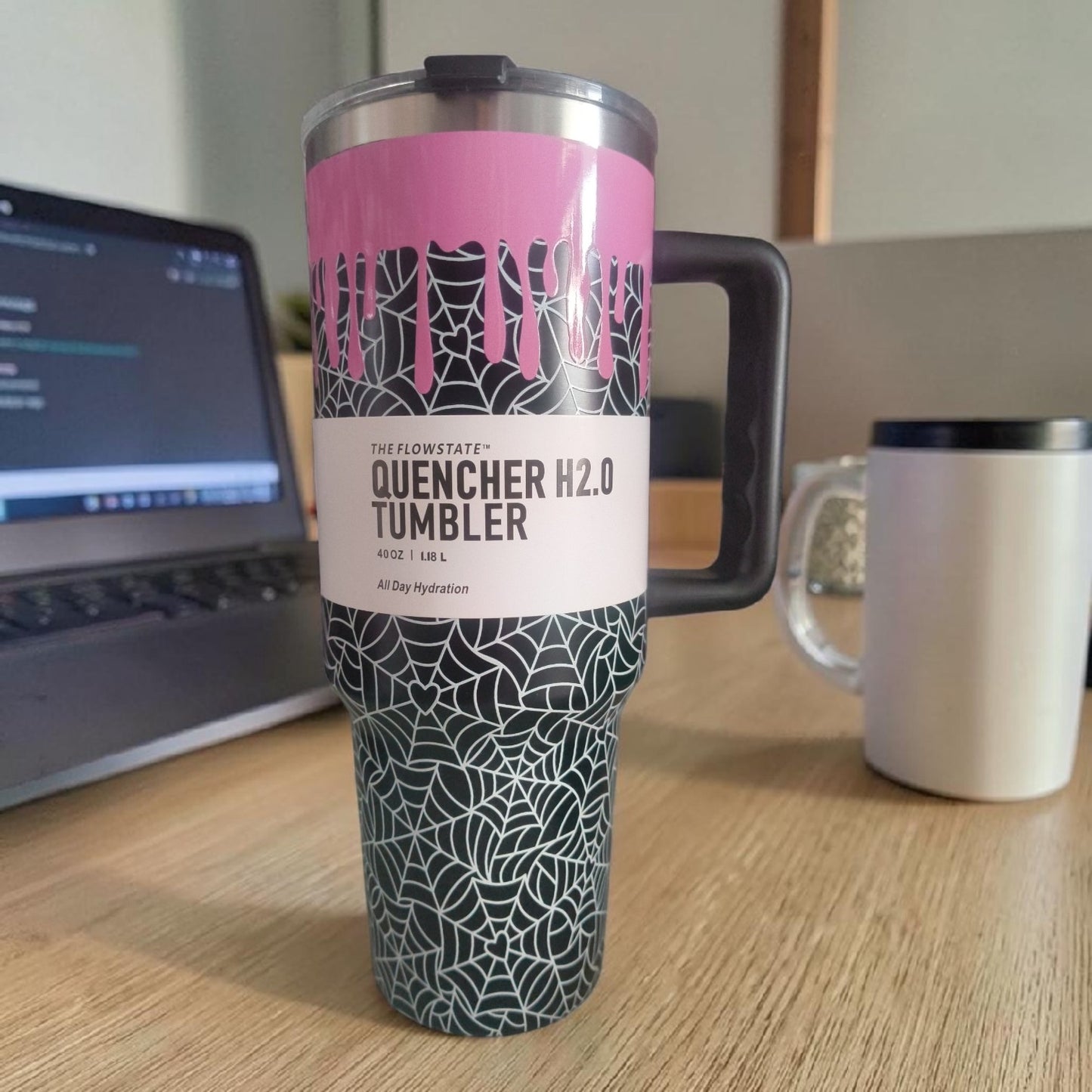 Pink Drip Spider Web Quencher Tumbler – Halloween Insulated Travel Mug with Handle- 1200 ML