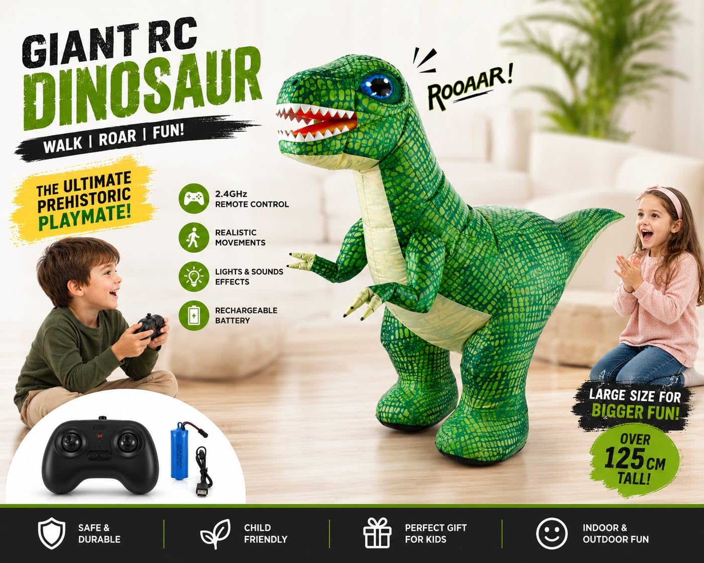 Remote Control Inflatable Dinosaur Toy for Kids | Giant Walking RC Dinosaur with Light & Sound | Rechargeable Battery Operated Dino Toy |