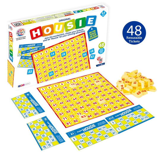 Housie Game Set with 48 Reusable Cards & 90 Number Tiles, Board Game for Kids