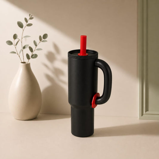 Matte Black Travel Tumbler with Red Straw & Handle – Stylish Reusable Cup (1.18 L)