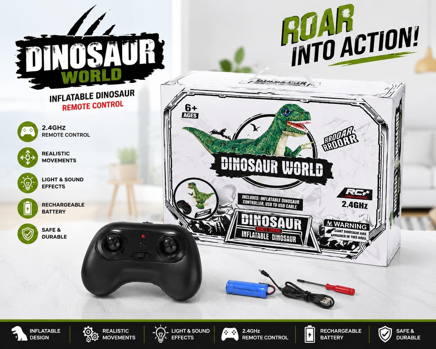Remote Control Inflatable Dinosaur Toy for Kids | Giant Walking RC Dinosaur with Light & Sound | Rechargeable Battery Operated Dino Toy |