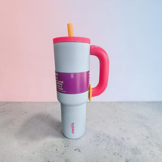 Owala Style Insulated Travel Tumbler with Handle & Straw – Light Blue with Pink Accents