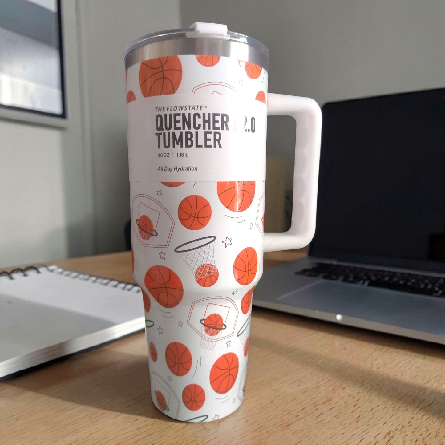 White BasketBall  Quencher Tumbler – Insulated Travel Mug with Handle- 1200 ML