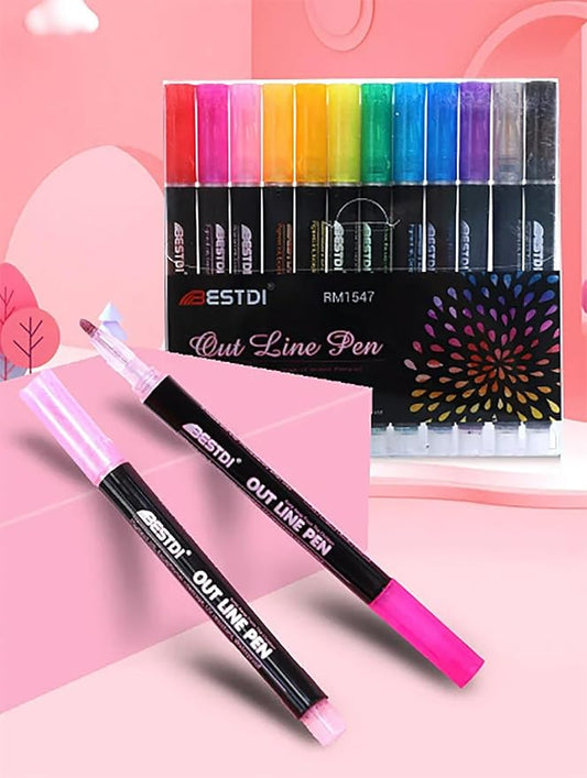 Outline Pen, Self-Outline Metallic Markers, 12 Colours Bullet Journal Pens & Glitter Pens for Card Making, Scrapbooking, Drawing, DIY Art & Crafts, Metallic Markers for Kids and Adults.