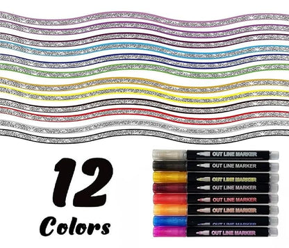 Outline Pen, Self-Outline Metallic Markers, 12 Colours Bullet Journal Pens & Glitter Pens for Card Making, Scrapbooking, Drawing, DIY Art & Crafts, Metallic Markers for Kids and Adults.