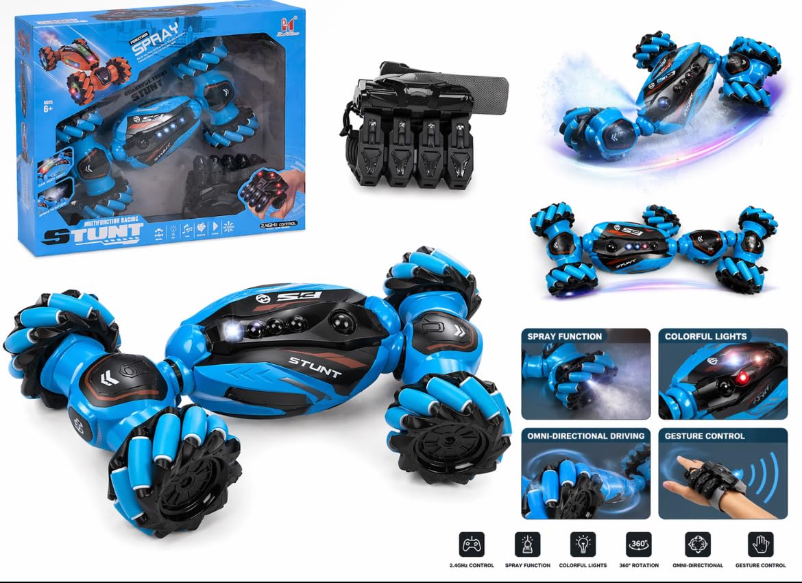 RC Stunt Car with Gesture Control, Spray Function, Colorful Lights, 2.4GHz, 360° Rotation, Blue, Ages 6+