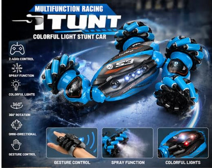 RC Stunt Car with Gesture Control, Spray Function, Colorful Lights, 2.4GHz, 360° Rotation, Blue, Ages 6+