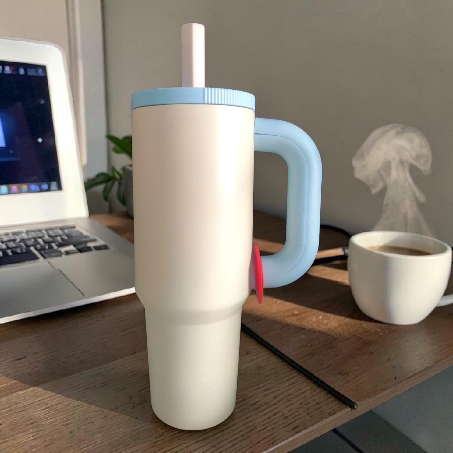 Minimalist White & Sky Blue Insulated Tumbler with Straw – Large Handle Travel Mug- 1200 ML