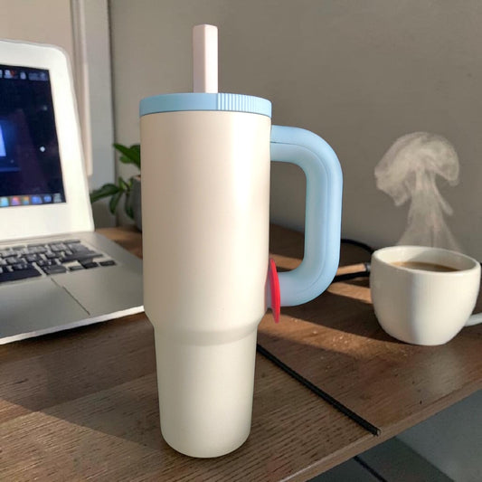 Minimalist White & Sky Blue Insulated Tumbler with Straw – Large Handle Travel Mug- 1200 ML
