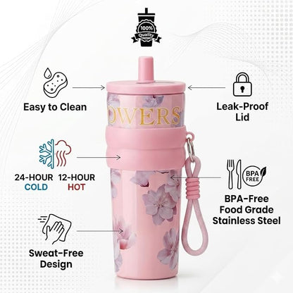 710ml Insulated Stainless Steel Water Bottle with Straw & Carry Strap