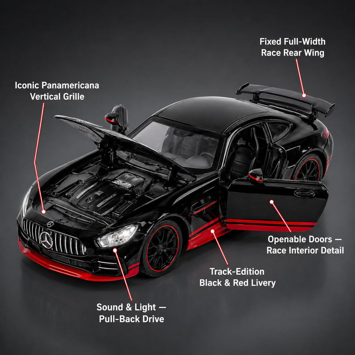 Mercedes-AMG GT Die-Cast Model Car – Black and Red Edition