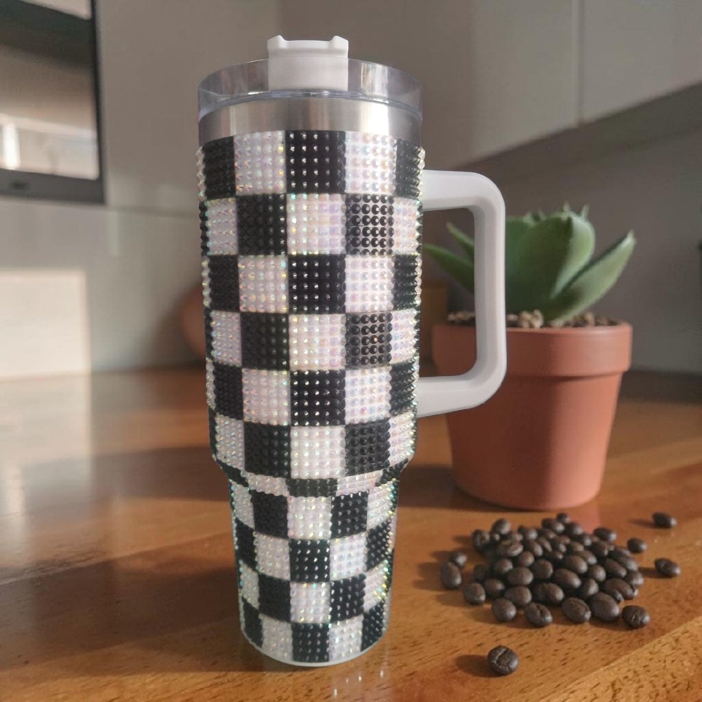 Black & White Rhinestone Checkered Tumbler – Sparkly Insulated Travel Mug with Handle- 1200 ML