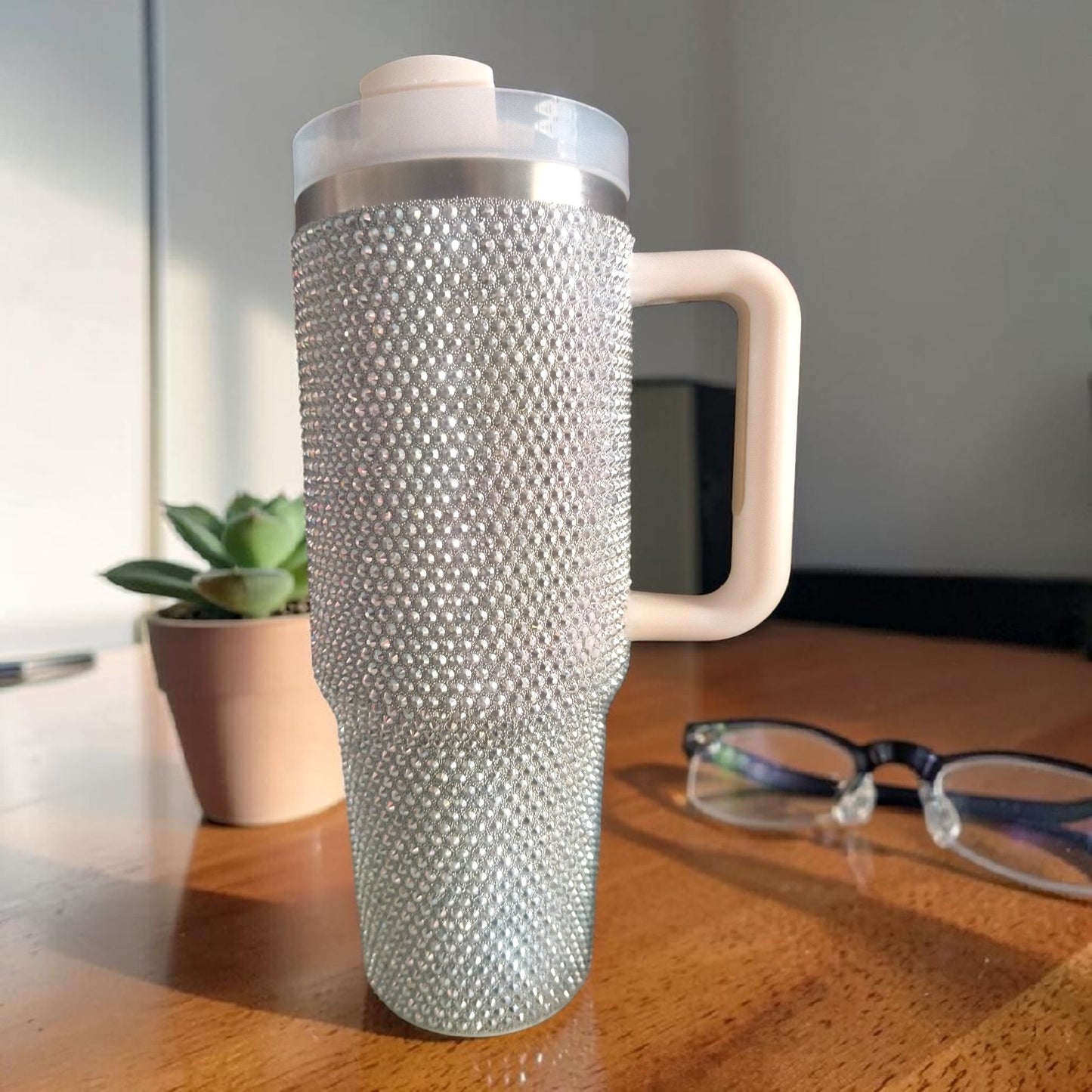 Silver Rhinestone Checkered Tumbler – Sparkly Insulated Travel Mug with Handle- 1200 ML