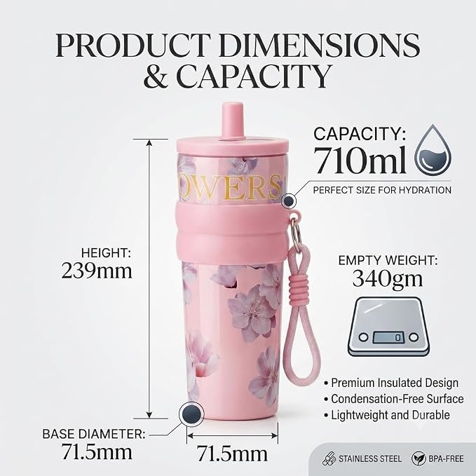 710ml Insulated Stainless Steel Water Bottle with Straw & Carry Strap
