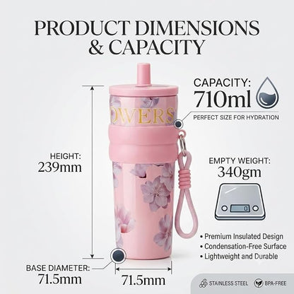 710ml Insulated Stainless Steel Water Bottle with Straw & Carry Strap