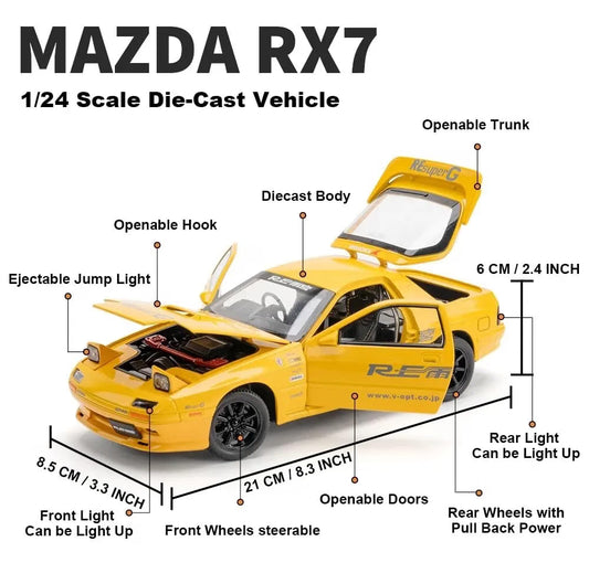 1:24 scale Mazda RX-7 FD Die-Cast Model Car – Yellow Racing Edition