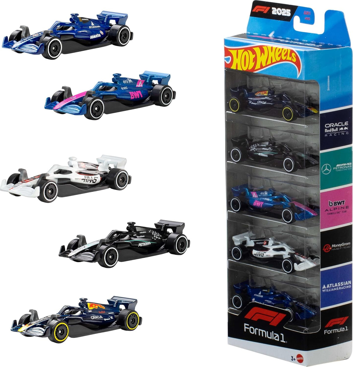 Hot Wheels 1:64 Scale 5-Pack Formula 1 Die-Cast Toy Cars, Set of 5 Officially Licensed