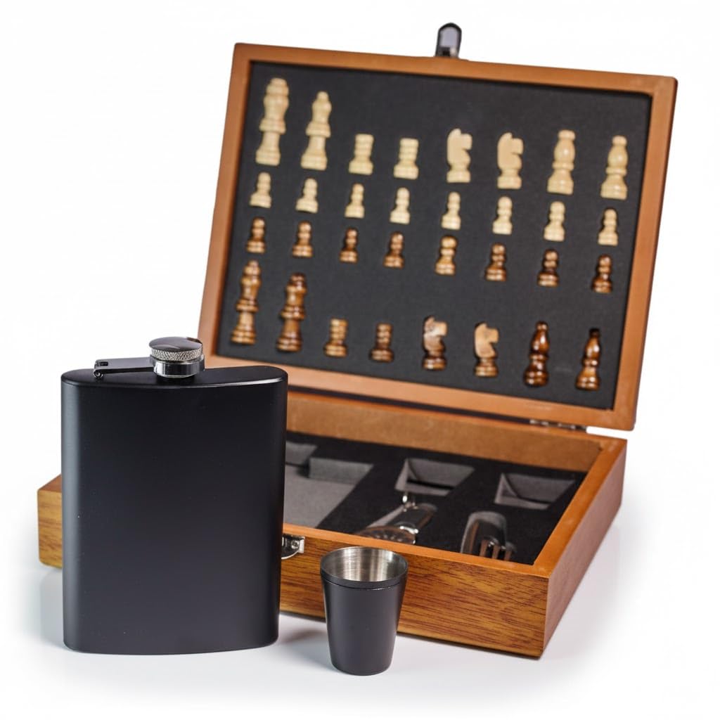 Wooden Chess Gift Set with 1 Black Hip Flask, 3 Shot Glass & Storage Box - Wooden