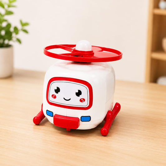 Flying Spinner Helicopter Toy with Cute Robot Face – Pull & Launch Propeller Copter, Musical Light-Up Toy for Kids
