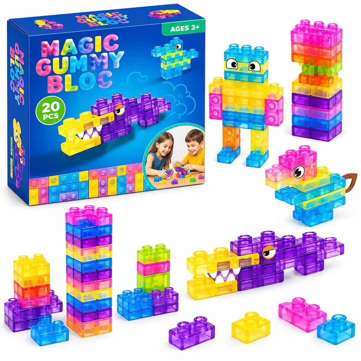 Sensory Soft Magic Gummy Building Blocks Squishy Stacking Toy Set 20 PCS