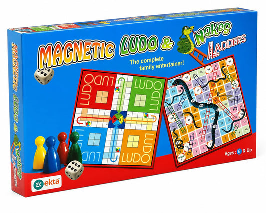 Magnetic Ludo & Snakes and Ladders Board Game, 2-in-1 Family Game with Magnetic Pawns, Indoor Game for Kids Ages 5+