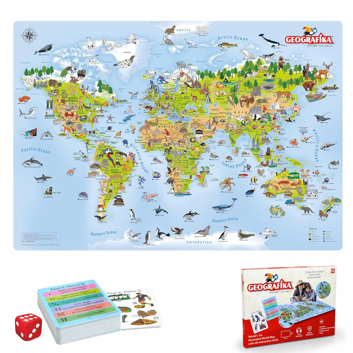 Geografika Illustrated Explored the World Map Game & 48 Cards and 1 Dice