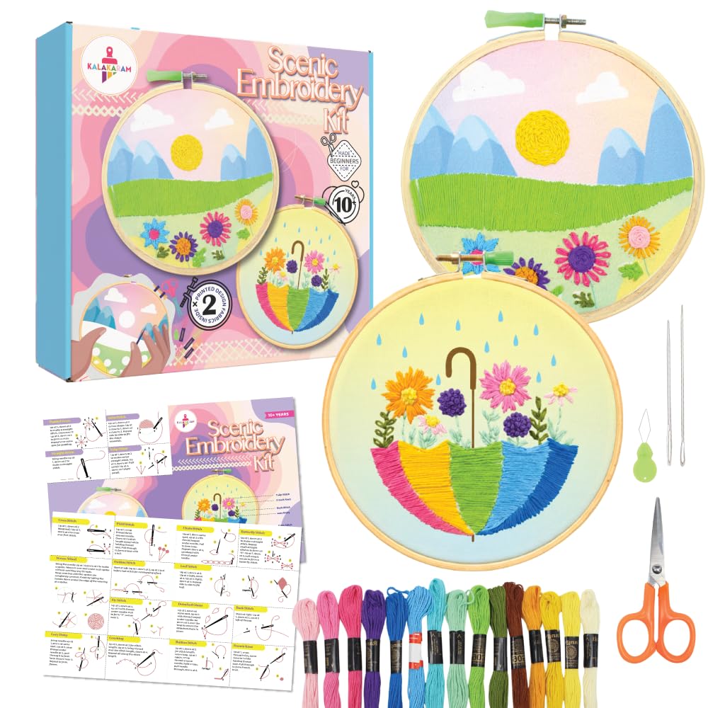 Scenic Embroidery Kit with Printed Fabric, Hoop Ring, Thread & Tools