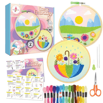 Scenic Embroidery Kit with Printed Fabric, Hoop Ring, Thread & Tools