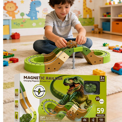Magnetic Track Car Set for Kids, 59 Pcs Dinosaur Magnetic Rail Car Building Blocks Toy