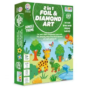2 in 1 Foil & Diamond Art & Craft Kit, Jungle Theme, Mess Free Creative STEAM Learning Activity Set DIY Kit for Kids.