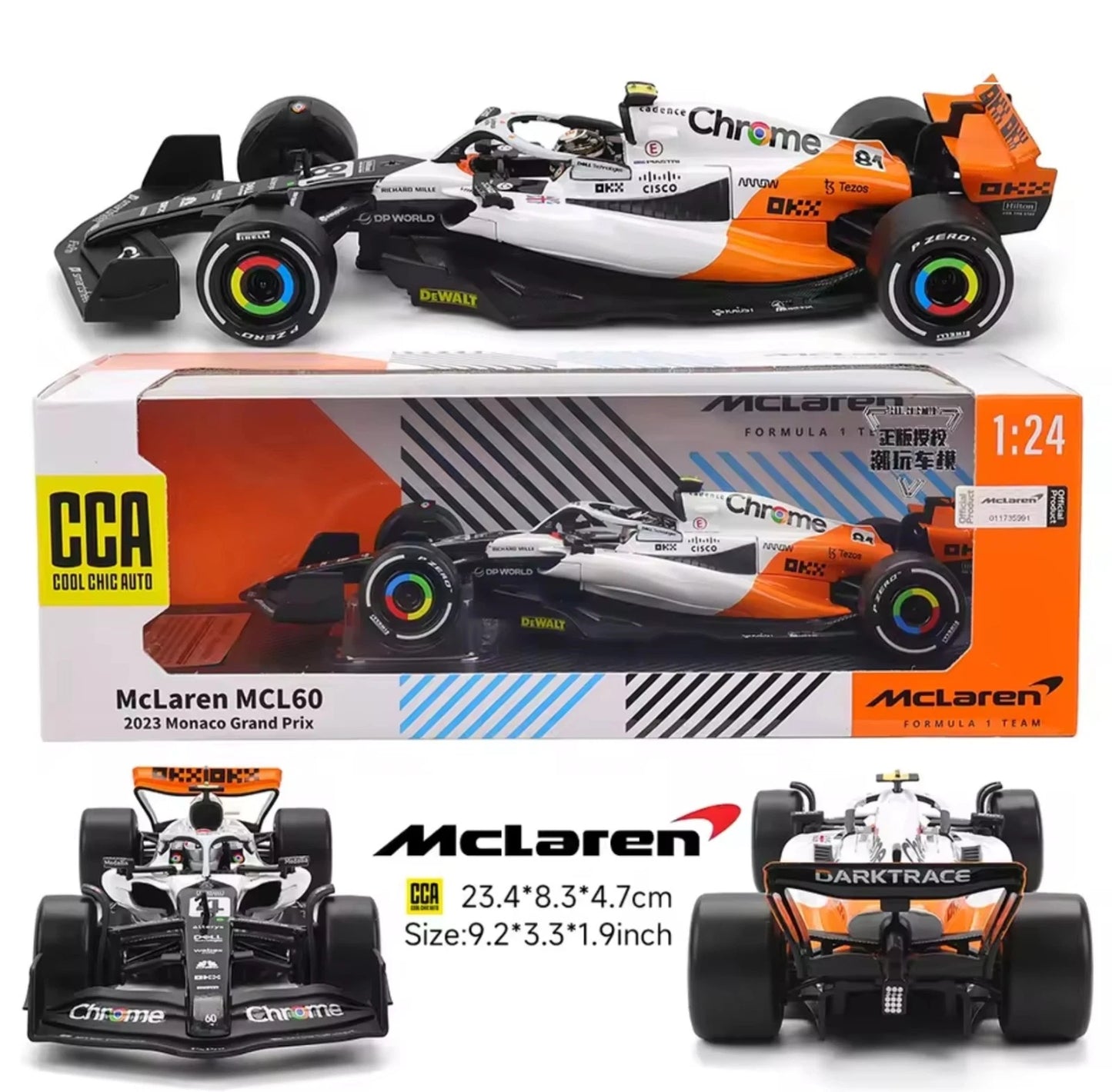 CCA 1:24 McLaren MCL60 Formula 1 Diecast Model Car – 2023 Monaco GP Lando Norris Edition