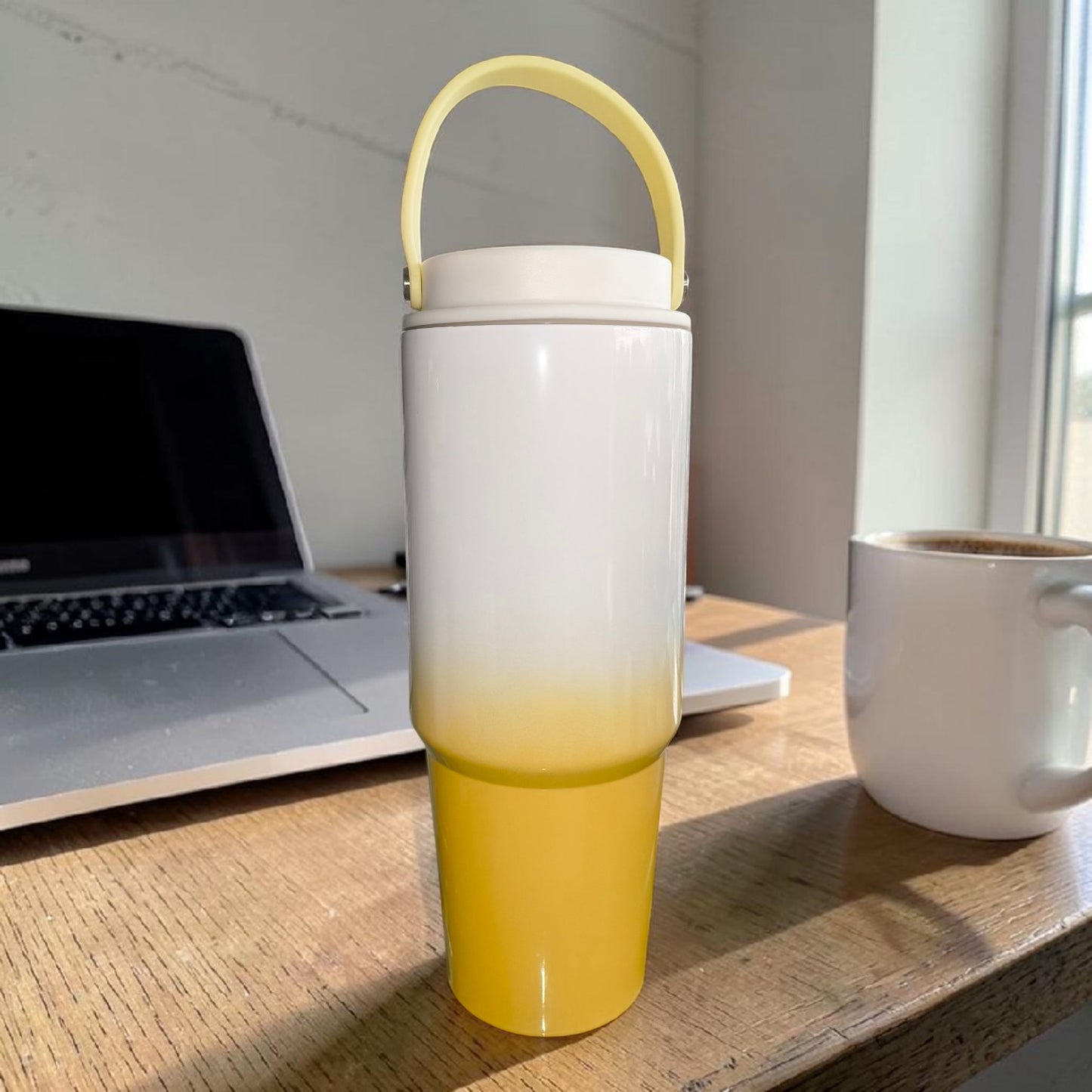 White & Yellow Insulated Water Bottle with Carry Handle – Minimalist Travel Flask- 850ML