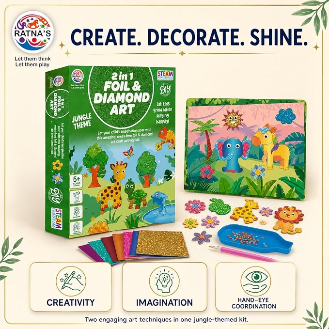 2 in 1 Foil & Diamond Art & Craft Kit, Jungle Theme, Mess Free Creative STEAM Learning Activity Set DIY Kit for Kids.
