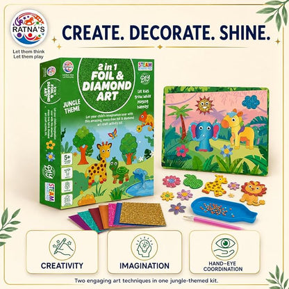 2 in 1 Foil & Diamond Art & Craft Kit, Jungle Theme, Mess Free Creative STEAM Learning Activity Set DIY Kit for Kids.
