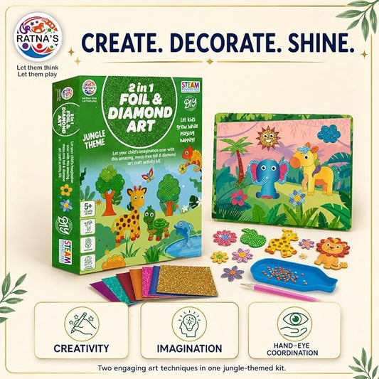 2 in 1 Foil & Diamond Art & Craft Kit, Jungle Theme, Mess Free Creative STEAM Learning Activity Set DIY Kit for Kids.