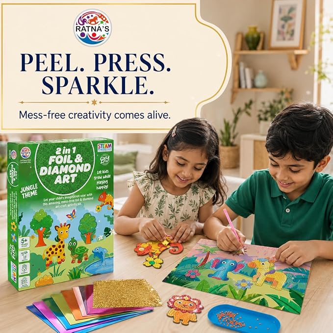 2 in 1 Foil & Diamond Art & Craft Kit, Jungle Theme, Mess Free Creative STEAM Learning Activity Set DIY Kit for Kids.