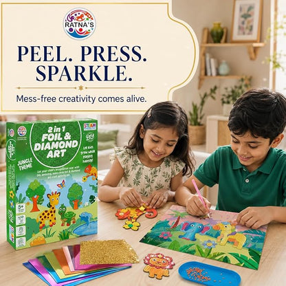 2 in 1 Foil & Diamond Art & Craft Kit, Jungle Theme, Mess Free Creative STEAM Learning Activity Set DIY Kit for Kids.