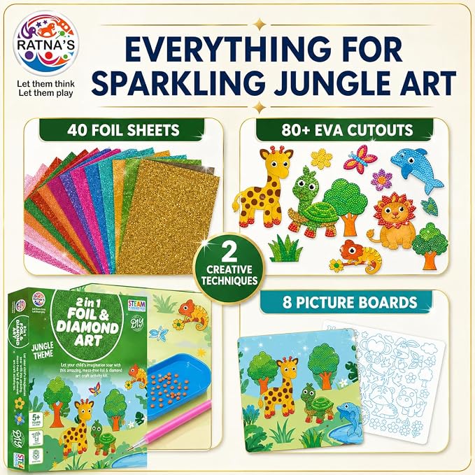 2 in 1 Foil & Diamond Art & Craft Kit, Jungle Theme, Mess Free Creative STEAM Learning Activity Set DIY Kit for Kids.