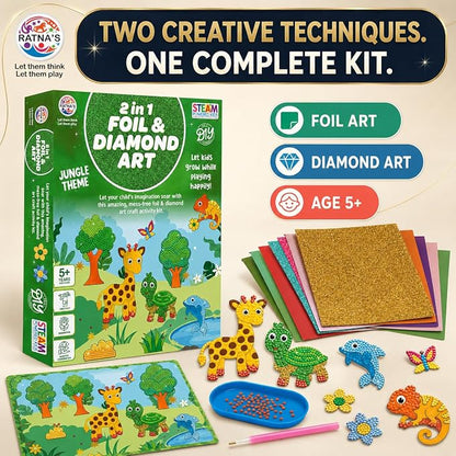 2 in 1 Foil & Diamond Art & Craft Kit, Jungle Theme, Mess Free Creative STEAM Learning Activity Set DIY Kit for Kids.