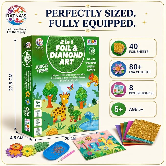 2 in 1 Foil & Diamond Art & Craft Kit, Jungle Theme, Mess Free Creative STEAM Learning Activity Set DIY Kit for Kids.