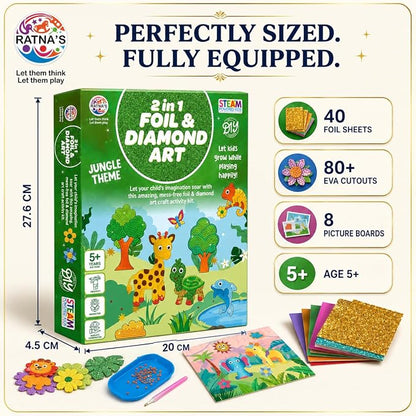2 in 1 Foil & Diamond Art & Craft Kit, Jungle Theme, Mess Free Creative STEAM Learning Activity Set DIY Kit for Kids.