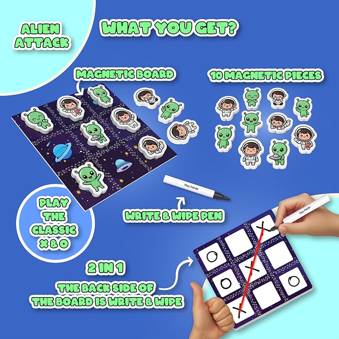 Magnetic Tic Tac Toe Alien Attack Board Game for Kids 3+ Years | Magnetic Grid & Pieces | Fun Strategy Matching Game | Preschool Educational Brain Game | Family Learning Activity Toy.