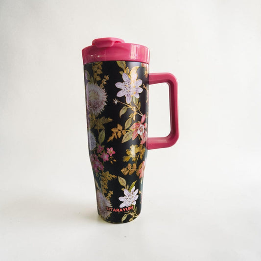 Elegant Black & Gold Flower Print Tumbler with Lid & Handle - 1.18 L