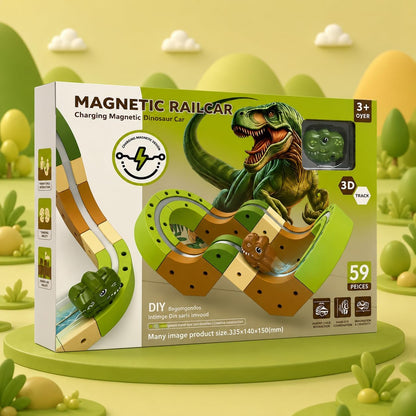 Magnetic Track Car Set for Kids, 59 Pcs Dinosaur Magnetic Rail Car Building Blocks Toy