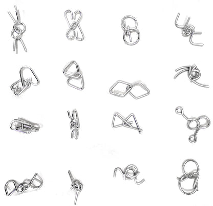 16 in 1 Metal Puzzles Brain Teaser Challenge Set - Silver