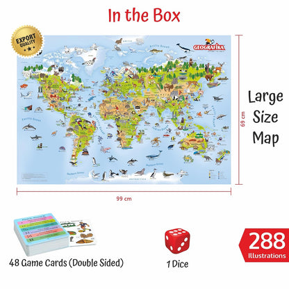 Geografika Illustrated Explored the World Map Game & 48 Cards and 1 Dice